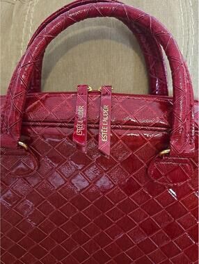 Estee Lauder Red Faux Leather Purse Laptop Computer Bag Makeup Case Tote Handbag